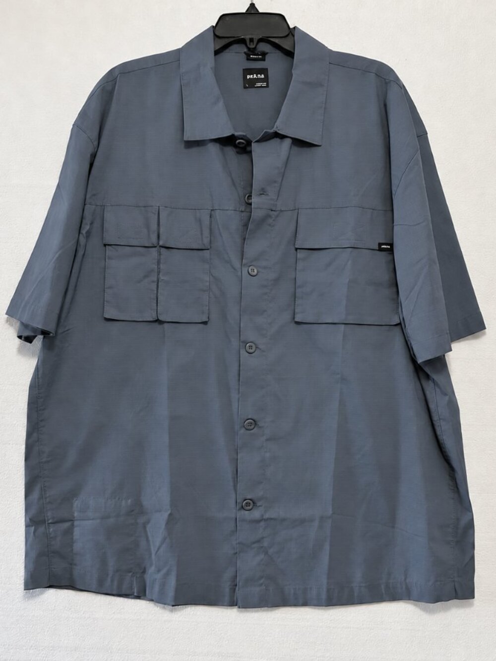 Prana Relaxed Fit Ripstop Short Sleeve Men's Large Blue Cotton Blend NEW